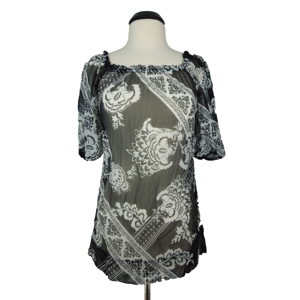 WHITE HOUSE BLACK MARKET (size S) Sheer Silk Floral Blouse 3/4 Sleeves